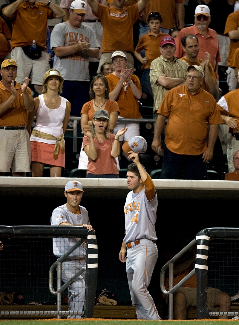 Austin Wood tips his cap to the Texas fans after his 13-inning performance against Boston College.