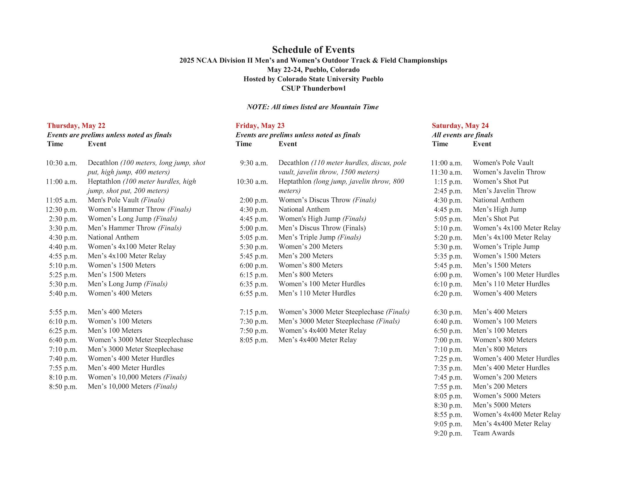 schedule of events