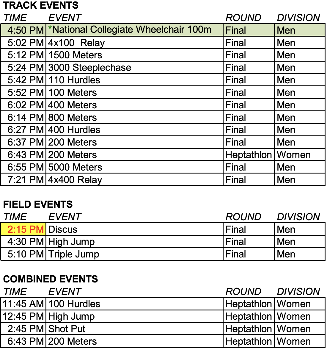schedule of events