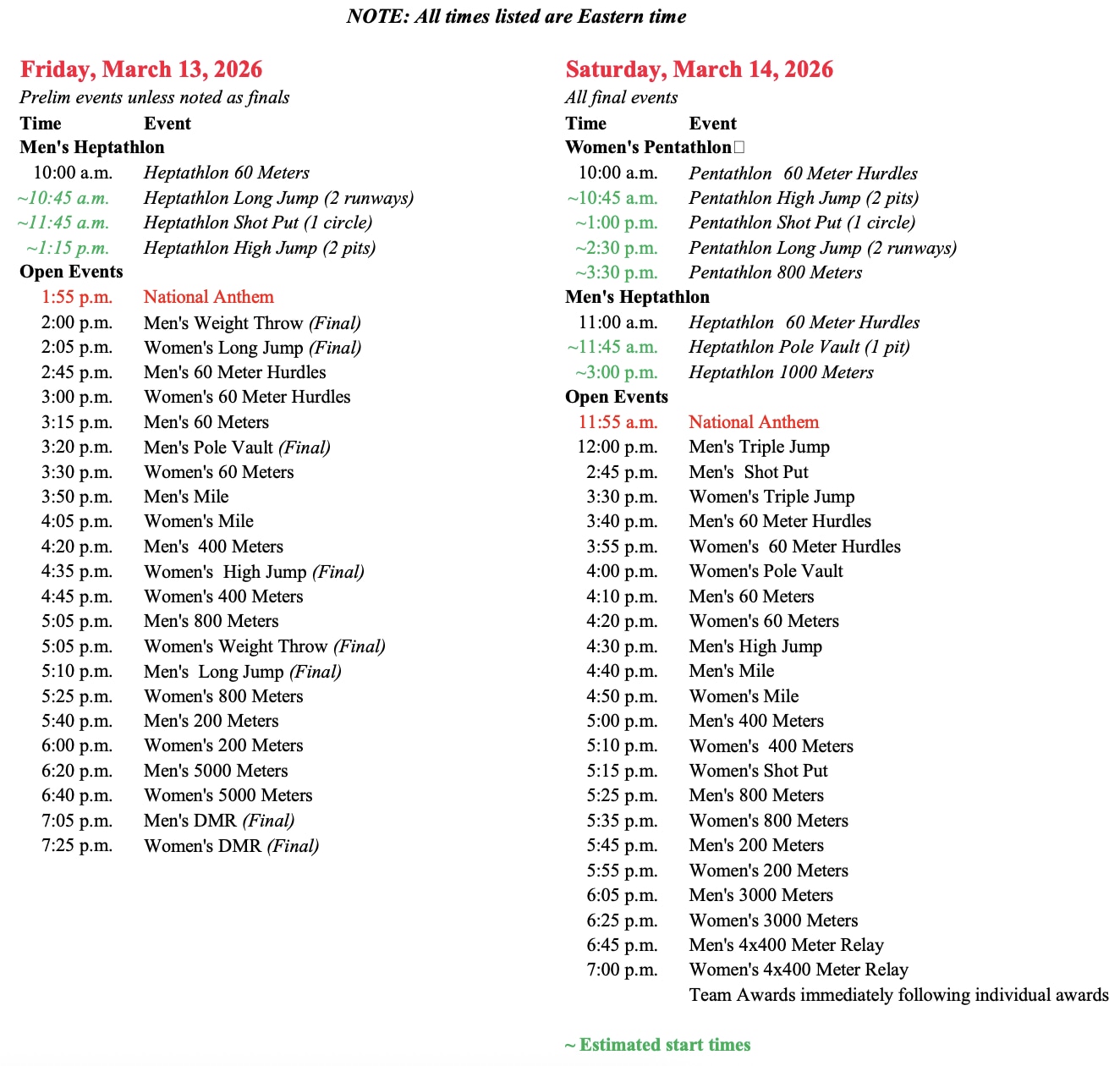 schedule of events
